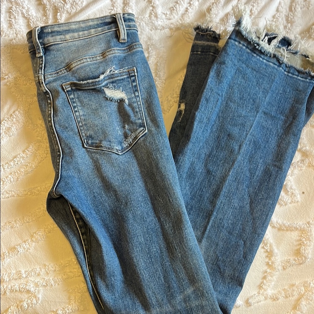 Blue Flare Wide Leg Jeans with Distressed Details